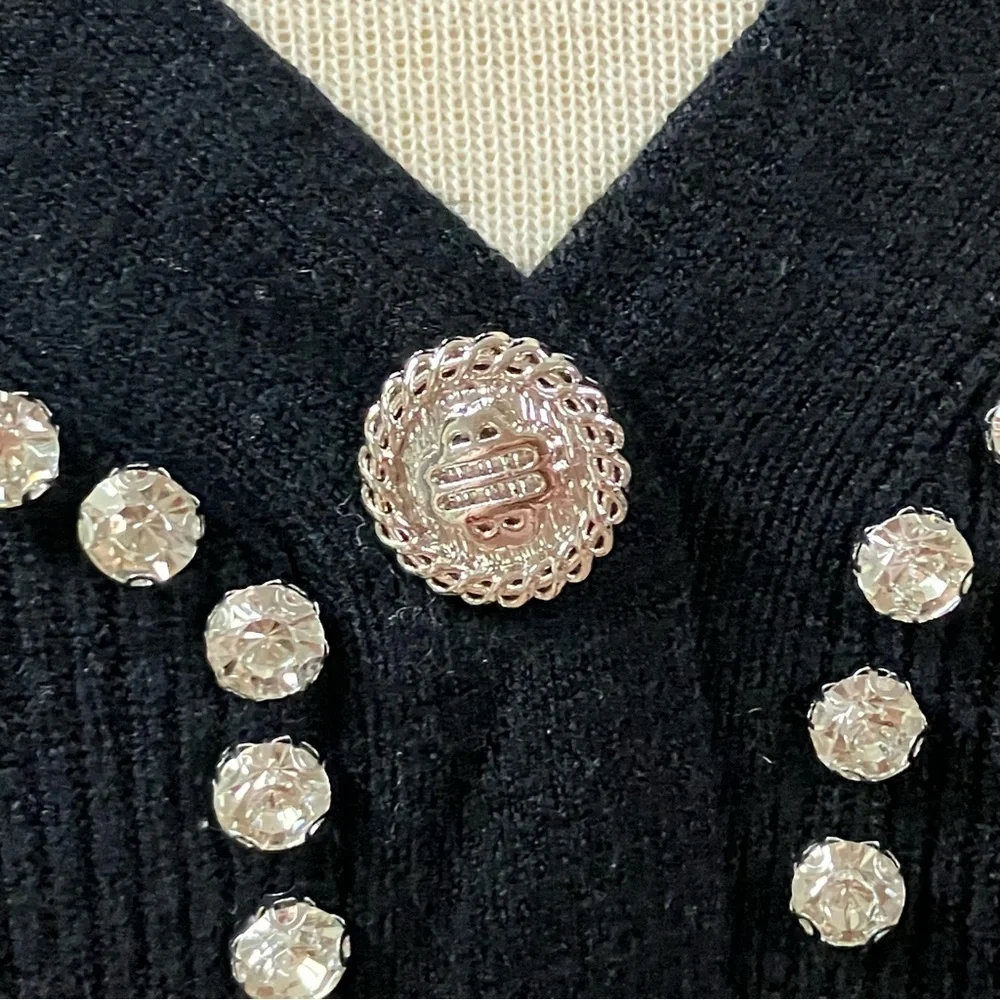 Vtg Y2k Holiday LIV MILANO Rhinestone Ribbed Faux Cardigan Sweater Small Black